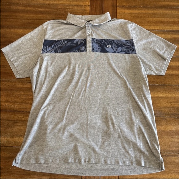 Travis Mathew Polo Shirt Hawaiian Palm Stripe Gray Blue Golf Performance Sz 2XL - Picture 3 of 13